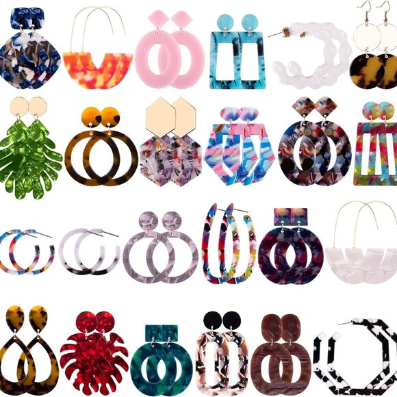 24 Pairs Acrylic Earrings Resin Drop Dangle Earring Hoop Statement Earrings Poly - Picture 1 of 6
